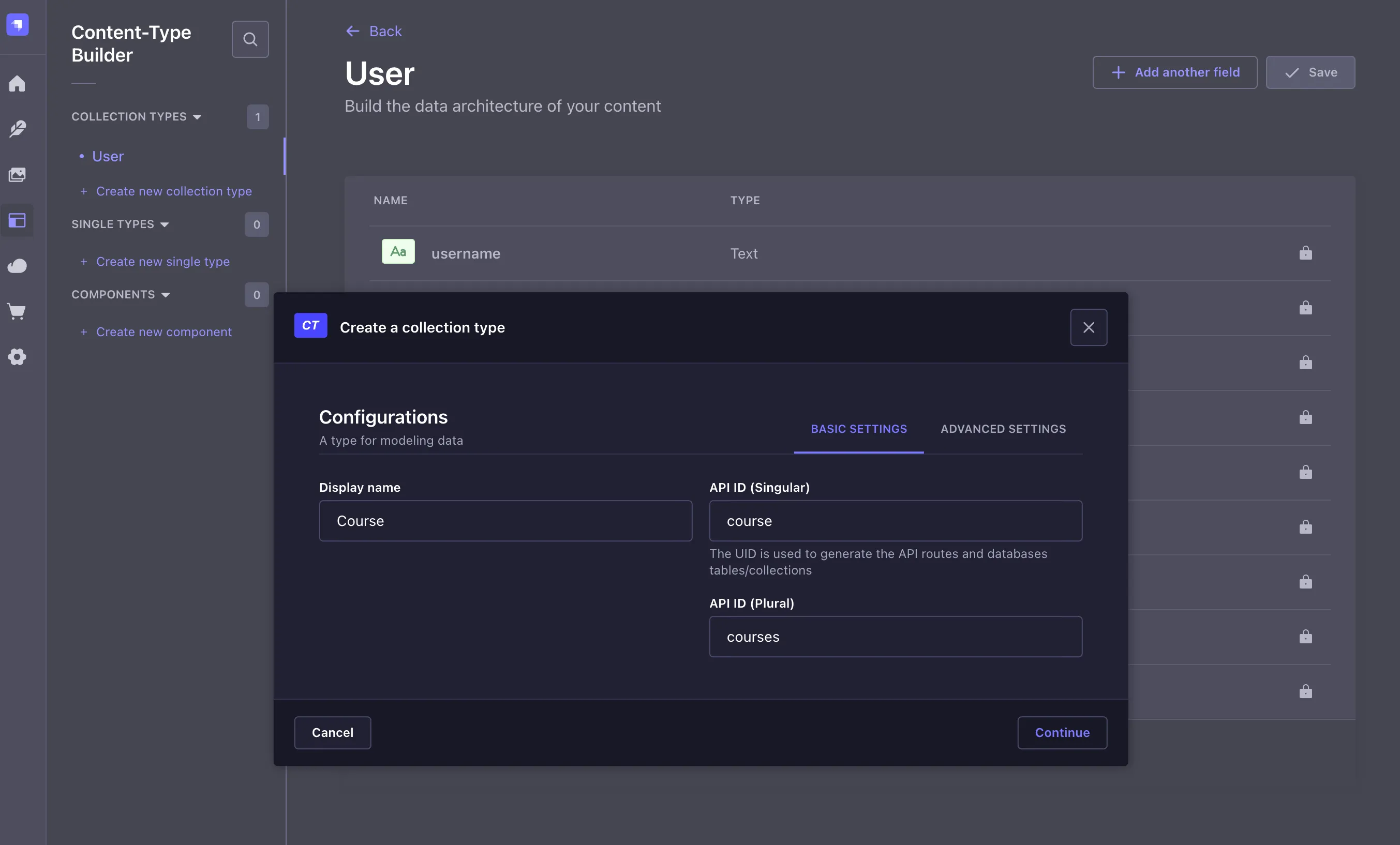 Create Strapi new collection called course